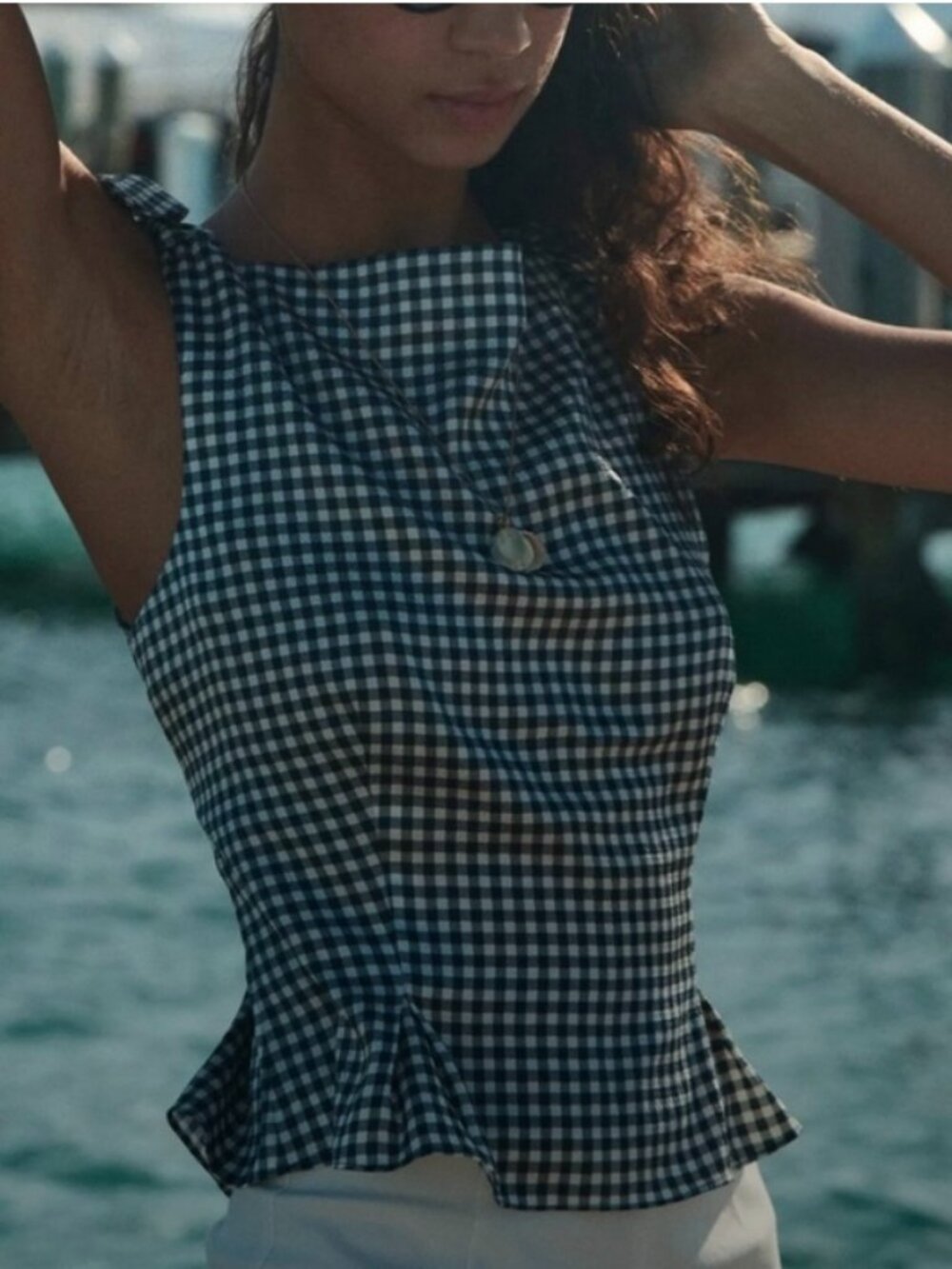 NWT DÔEN Liriel Top Navy Valencia Gingham Silk XS